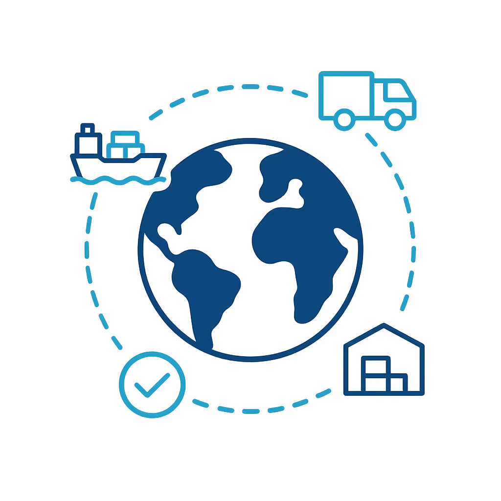 Flat vector illustration of a globe surrounded by dotted teal arcs, connected to a cargo ship, a delivery truck, and a warehouse, symbolizing ELMA’s global sourcing strategies and cross-border supply chain support.