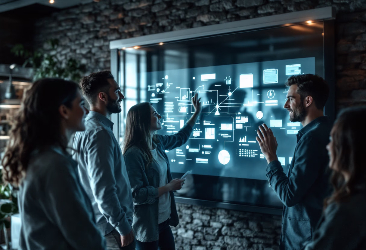 Team of professionals collaborating in front of a large digital dashboard displaying data and supply chain analytics.