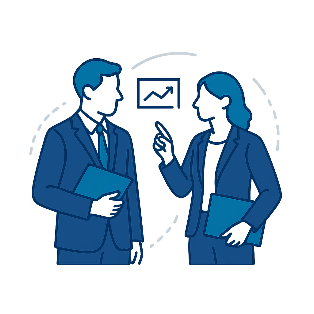 Flat-vector illustration of two professionals collaborating beside a floating abstract chart with faint teal arcs and dotted lines representing teamwork