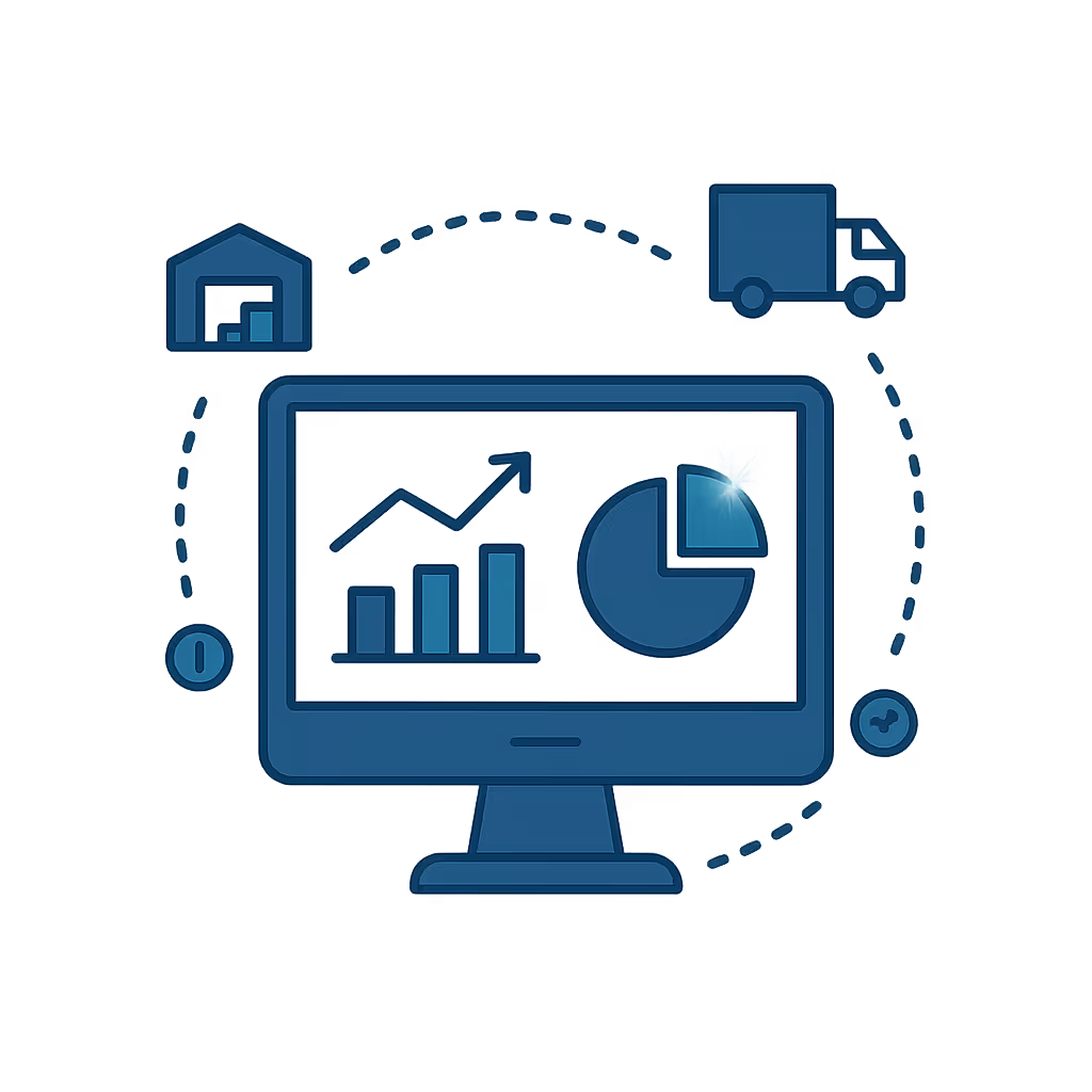 Flat-vector illustration of a sleek digital dashboard showing teal charts with dotted navy-blue network lines extending to abstract logistics icons
