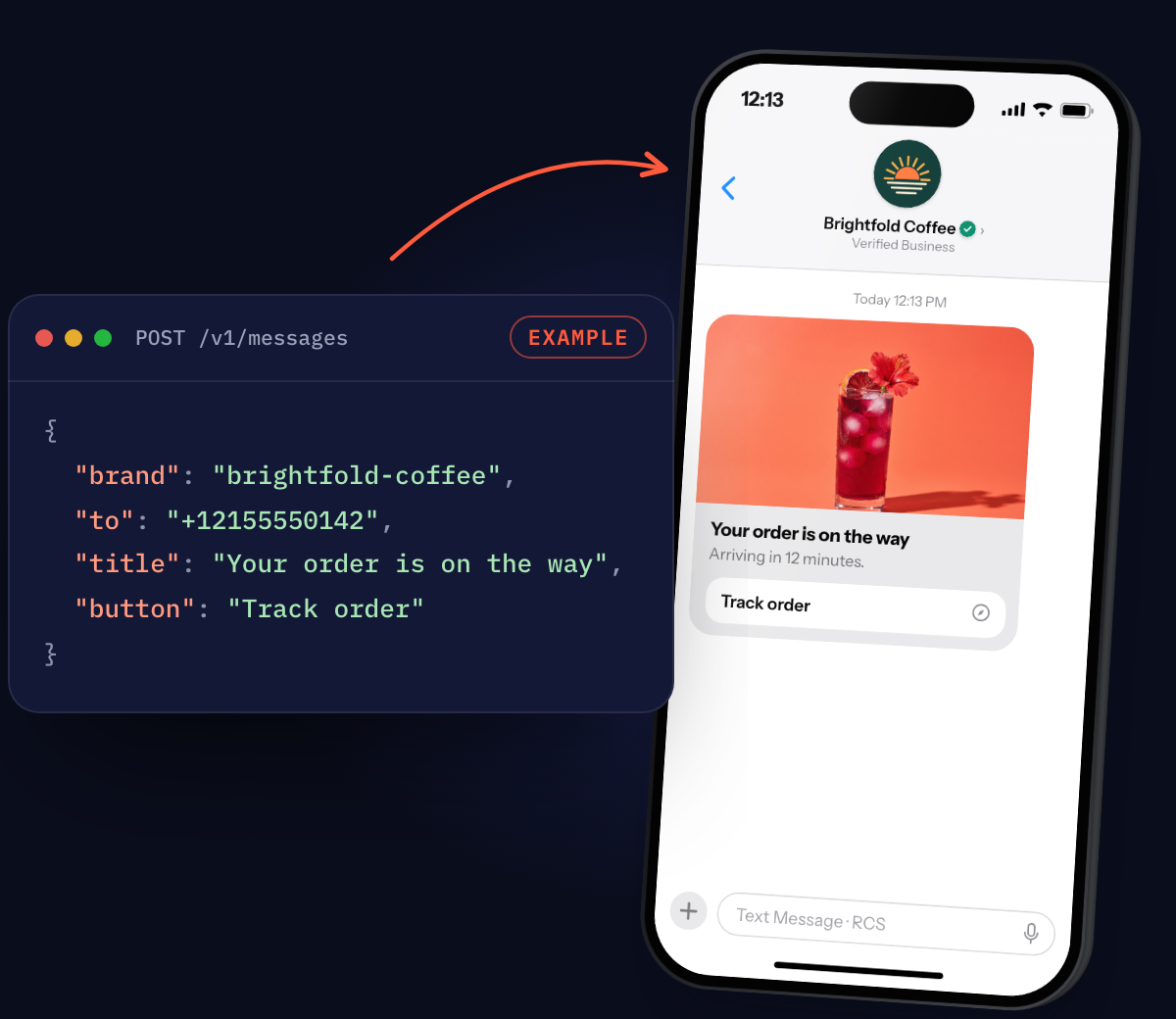 An example request beside a phone showing the message it becomes: a verified message from Brightfold Coffee with a Track order button.