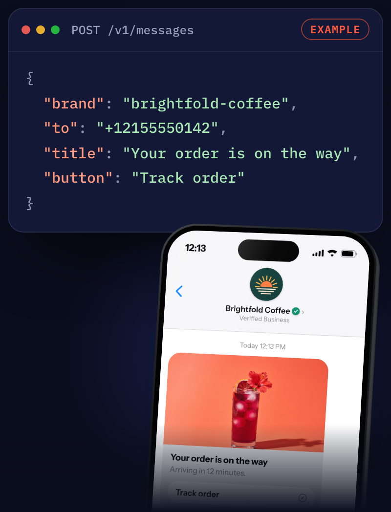 An example request above a phone showing the verified message it becomes.