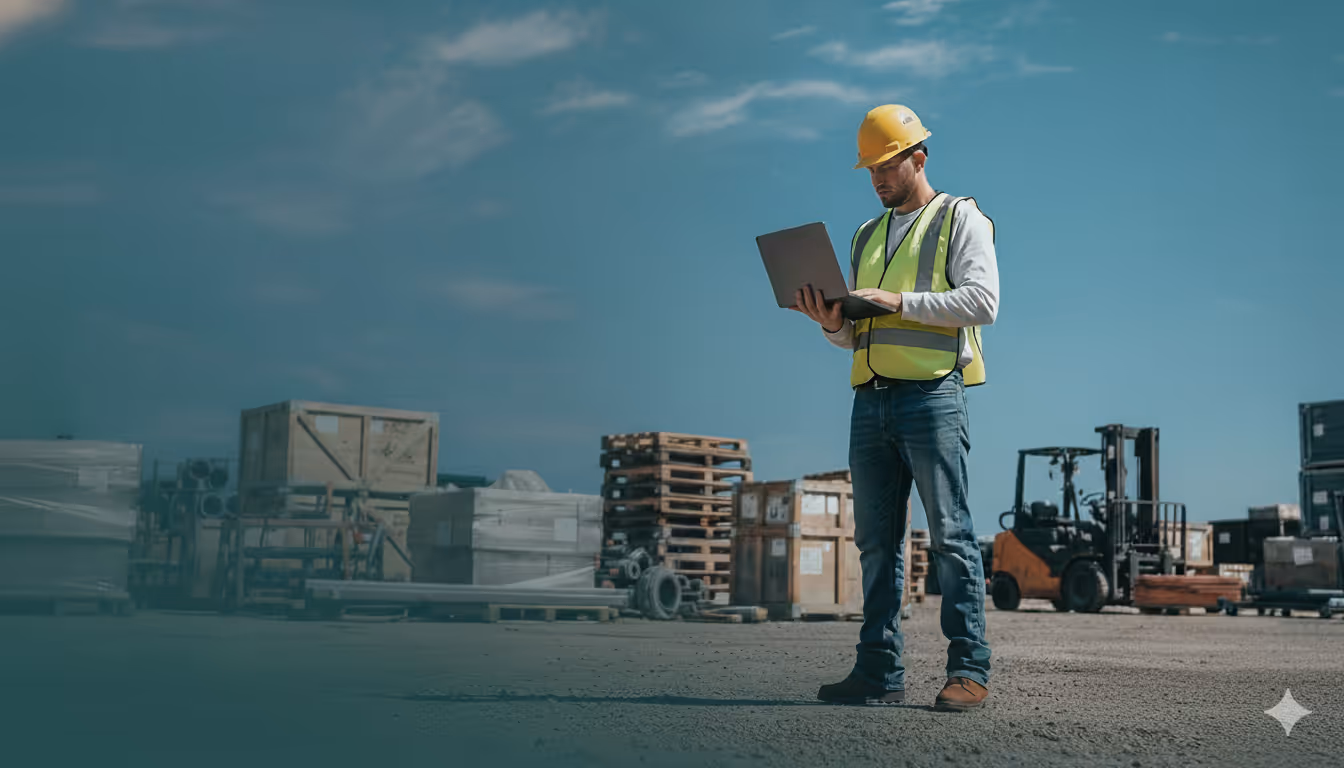 A builder or project manager on a building site who's checking some stuff on their laptop. Fully in work gear.