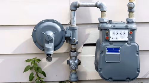 Gray gas meter and regulator mounted on exterior wall with pipes and small green plant nearby.