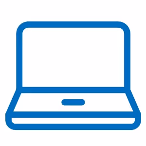 Simple blue icon of an open laptop with a blank screen.