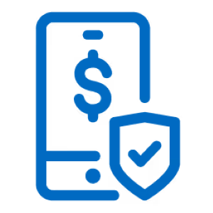 Blue icon of a mobile phone with a dollar sign on screen and a shield with a checkmark in front.