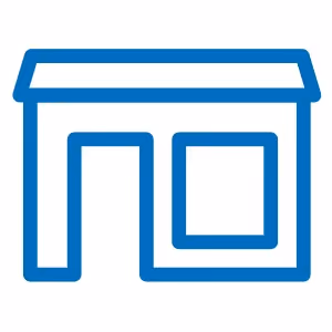 Blue outline icon of a small house or storefront with a door and window.