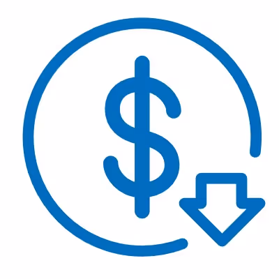 Blue dollar sign with a downward arrow inside a circular arrow, symbolizing decreasing cost or price drop.