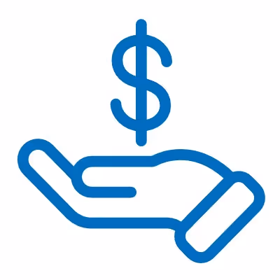 Blue outline of an open hand holding a dollar sign symbol above it.