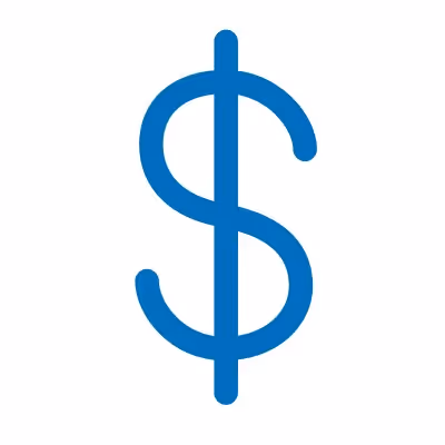 Blue dollar sign currency symbol on white background.
