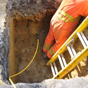 Worker in orange safety clothing climbing a yellow ladder inside a rectangular excavation site with a yellow hose on the ground.