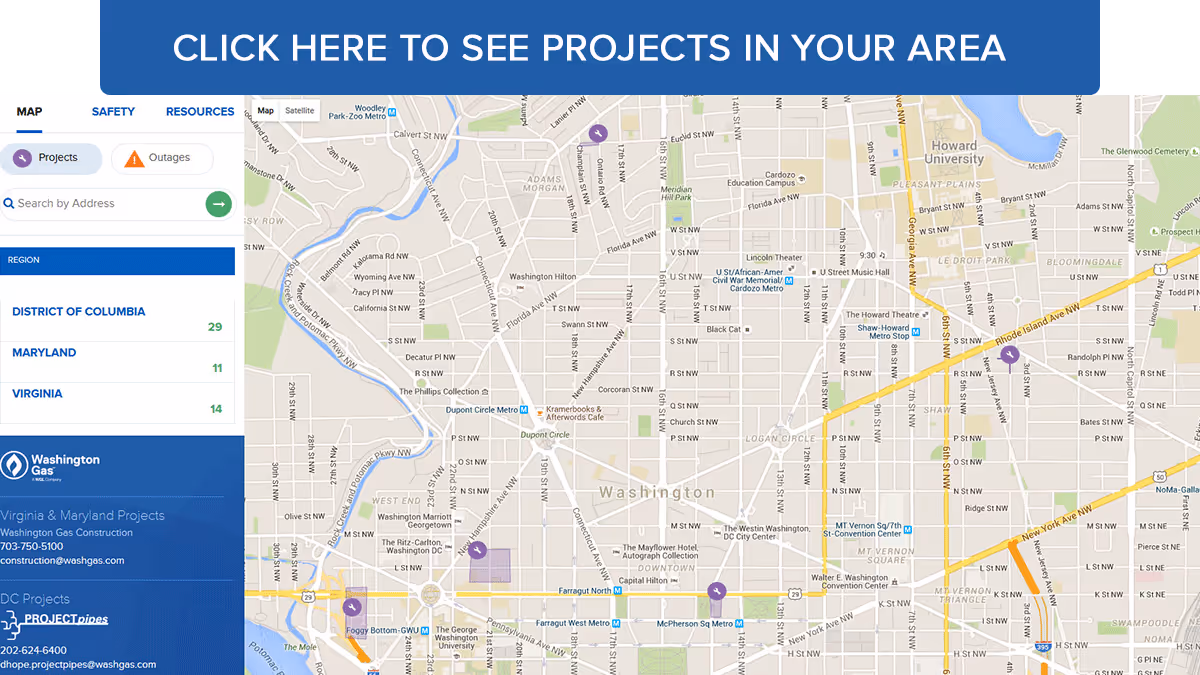 Map of Washington, D.C., showing locations of Washington Gas projects marked with purple icons and a blue banner inviting to click and see projects in your area.