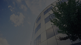 Modern glass office building with reflected sky and nearby tree.