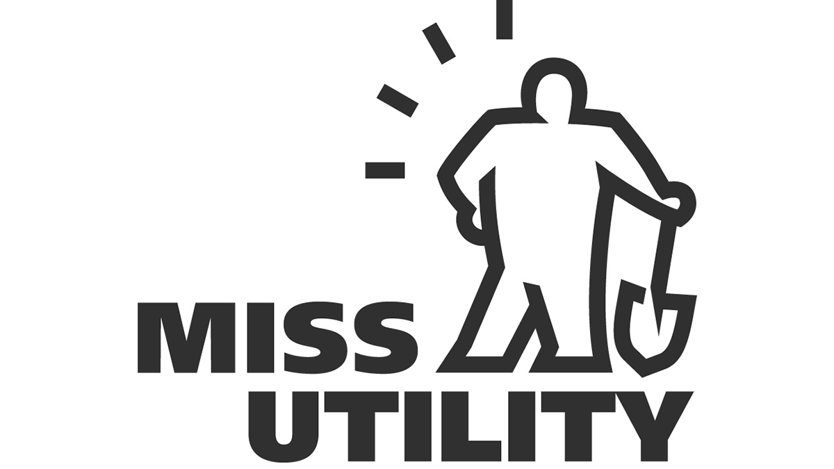 Black and white Miss Utility logo with a stylized person holding a shovel and signal lines above the head.