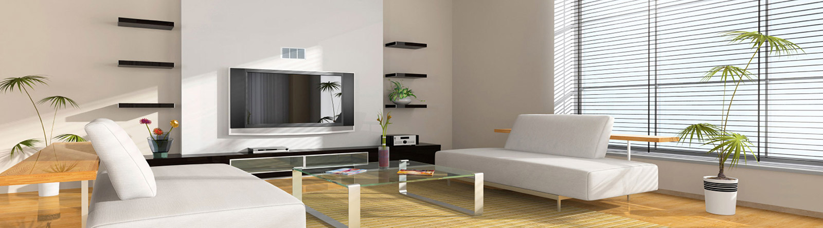 Modern living room with two white sofas, glass coffee table, TV mounted on wall, wooden floor, and large window with blinds.