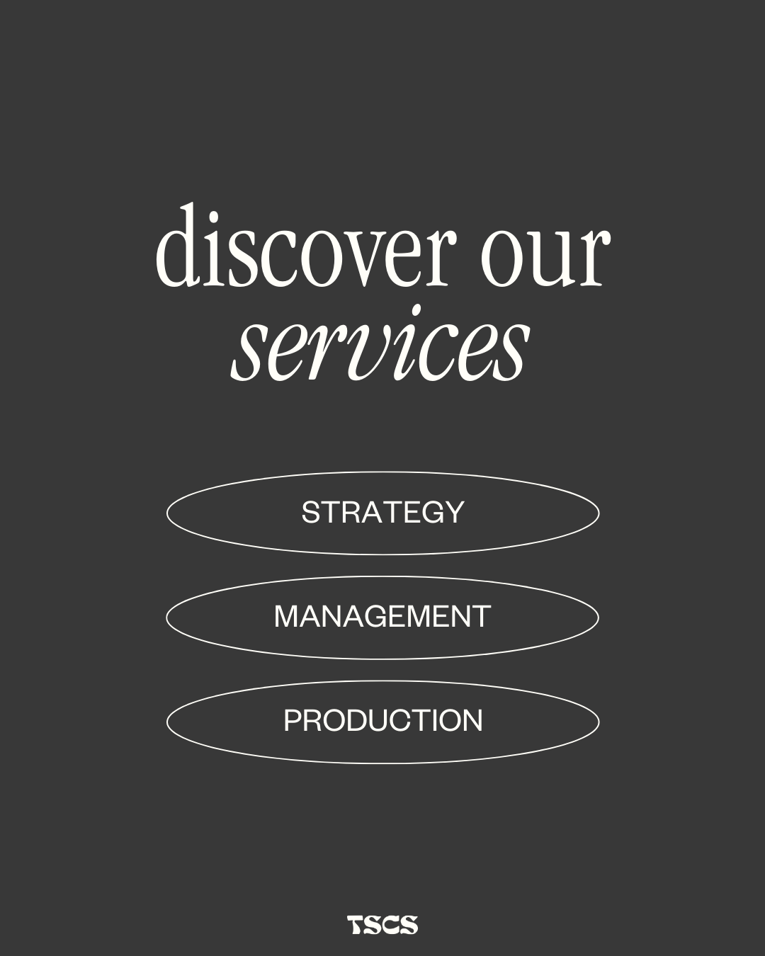 Text 'entdecken Sie unsere Services' mit drei ovalen Schaltflächen darunter beschriftet mit Strategie, Management und Produktion auf dunklem Hintergrund.