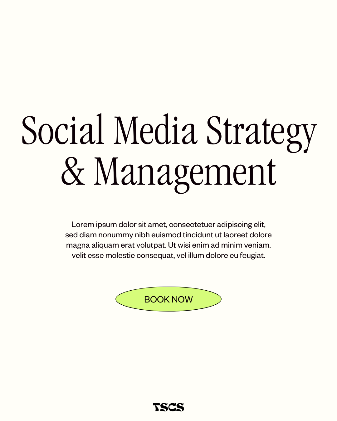 Text ‘Social Media Strategie & Management’ with placeholder paragraph and a green oval button labeled ‘BOOK NOW’ on a light background.