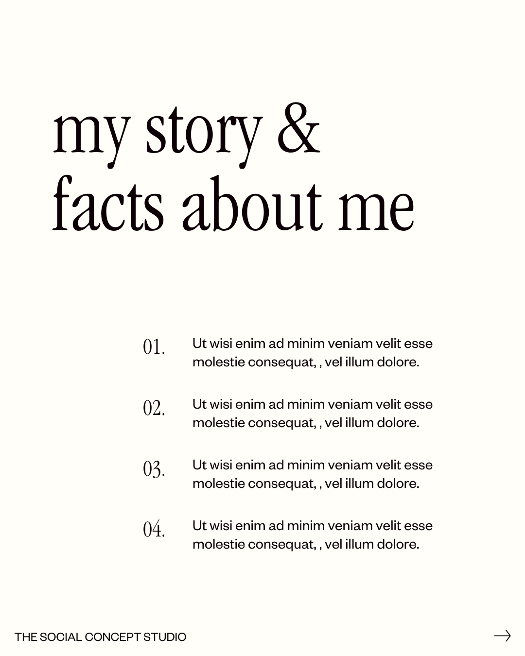 Textseite mit dem Titel ‚Meine Geschichte & Fakten über mich‘, gefolgt von vier nummerierten Punkten mit Beispieltext auf hellem Hintergrund.