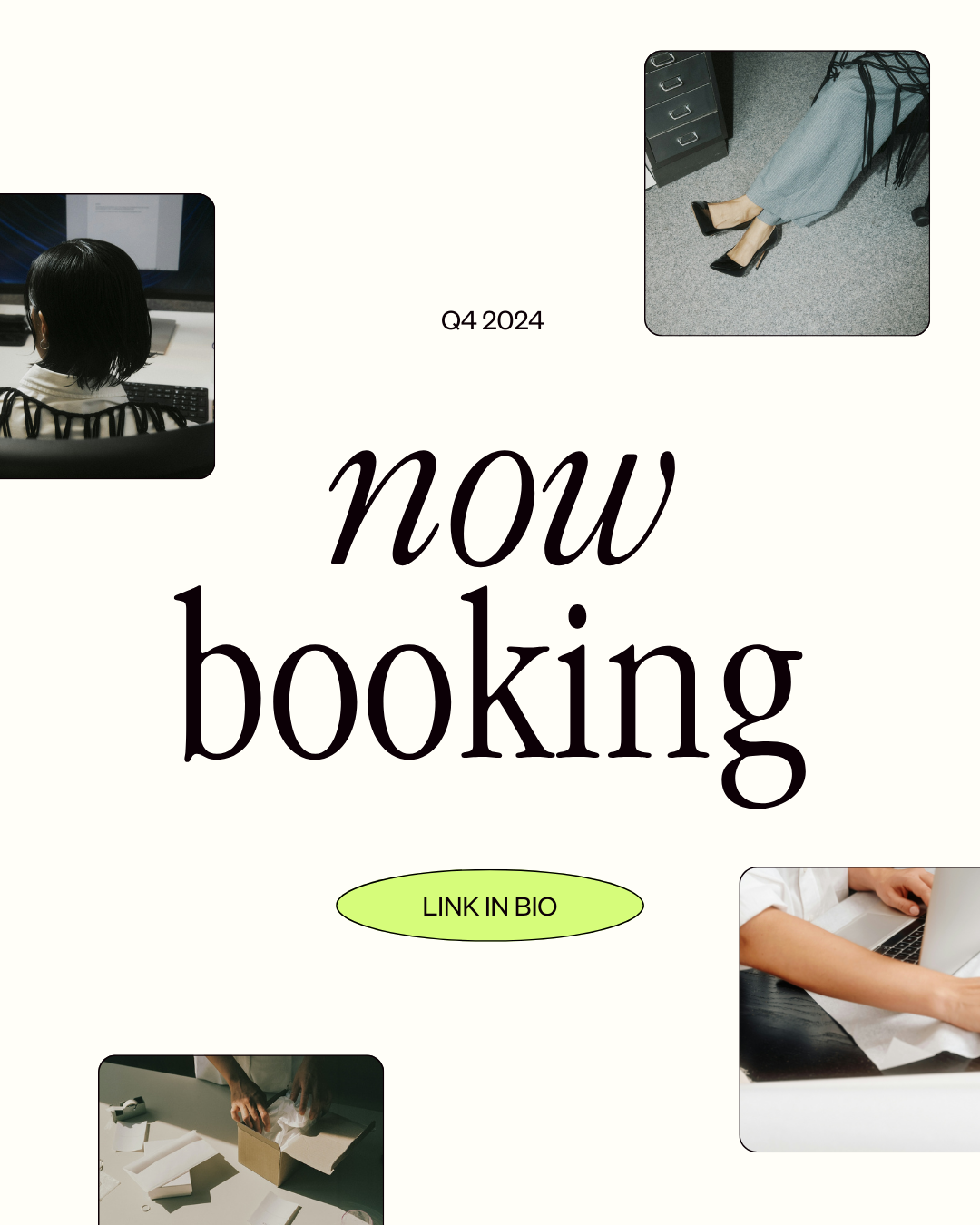 Werbung mit dem Text ‚Q4 2024 now booking‘ und dem Hinweis ‚LINK IN BIO‘, umgeben von Bildern von Personen bei der Arbeit.