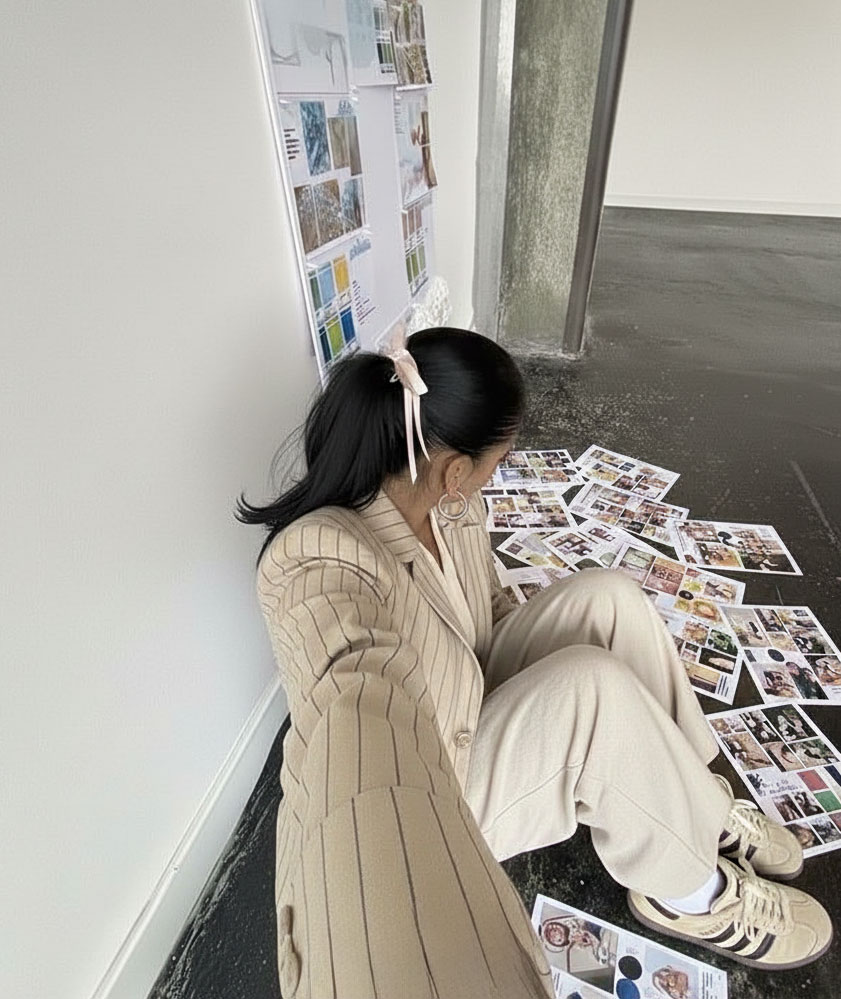 Person sitzt auf dem Boden vor einer Wand mit einem Moodboard, umgeben von verstreuten Farbfotodrucken.