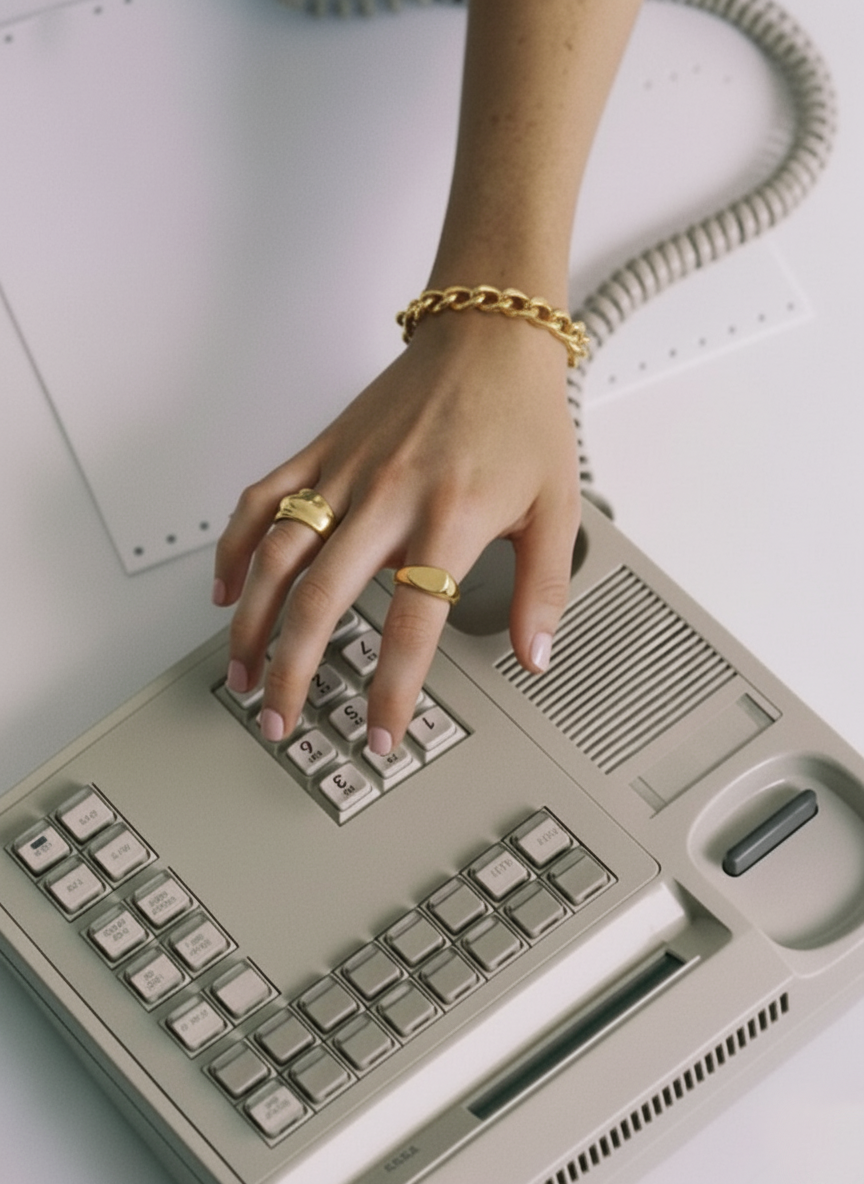 Hand mit goldenen Ringen und Armband bedient eine alte beige Tastatur mit vielen Tasten und einem Telefonhörer.
