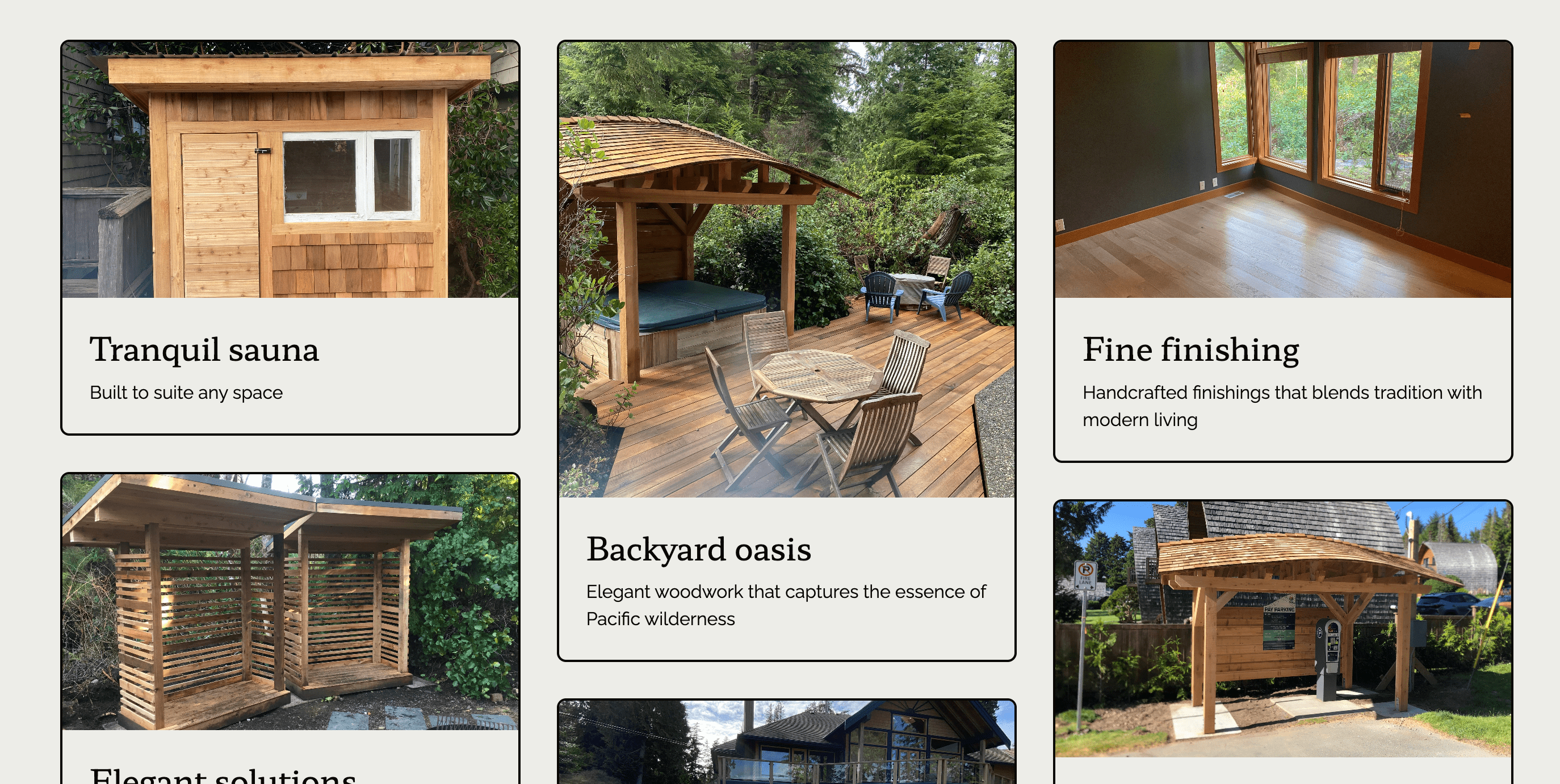Several cards displaying a portfolio of work by a custom builder