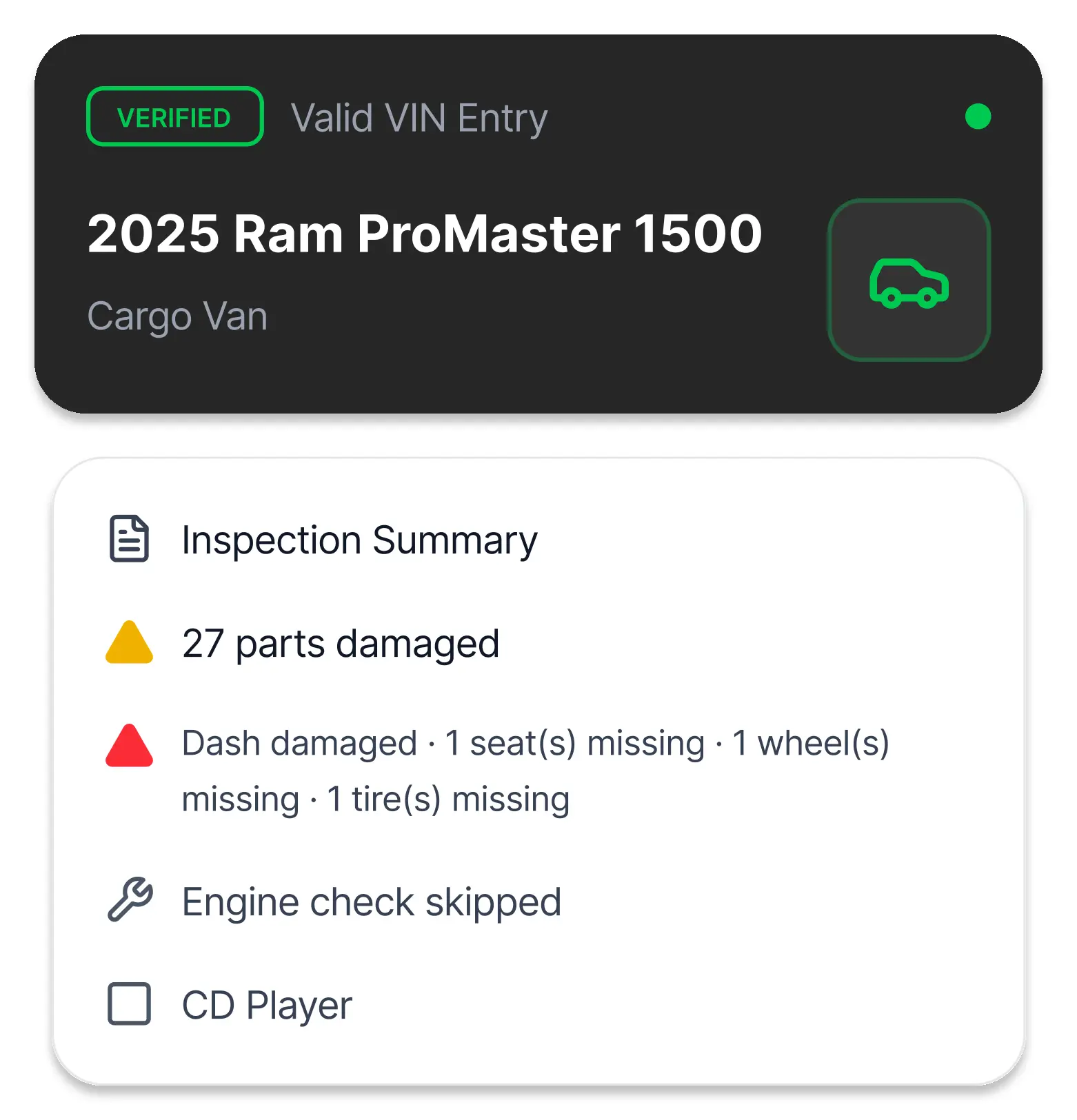 Inspection summary for 2025 Ram ProMaster 1500 Cargo Van showing 27 parts damaged, dash damaged, 1 seat, 1 wheel, and 1 tire missing, engine check skipped, no CD player.