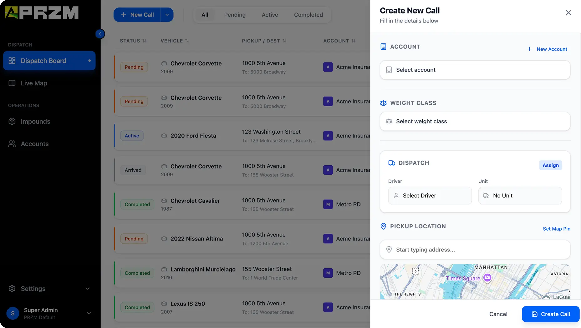 Dashboard interface showing a dispatch board with vehicle status and a panel to create a new call including account, weight class, dispatch details, and pickup location with map.