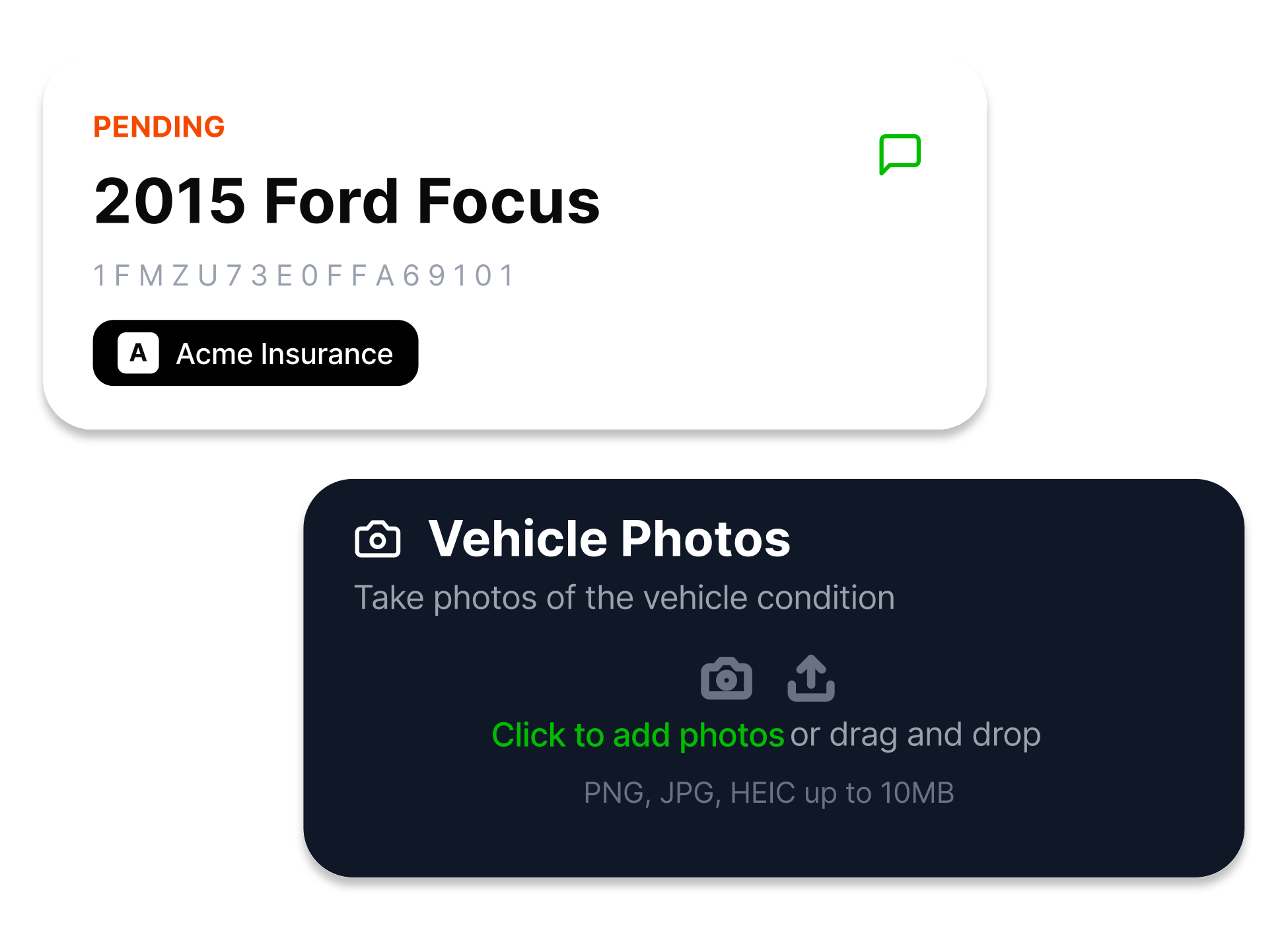 User interface showing pending 2015 Ford Focus with vehicle identification number and option to add vehicle photos by clicking or dragging files up to 10MB.