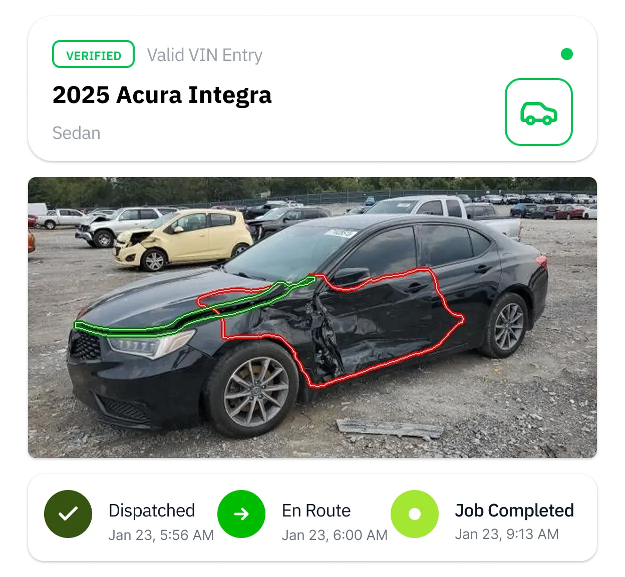 2025 black Acura Integra sedan with severe right side damage outlined in red and front left damage outlined in green, parked in a lot with other damaged cars. Display of a PRZM towing and insurance dashboard.