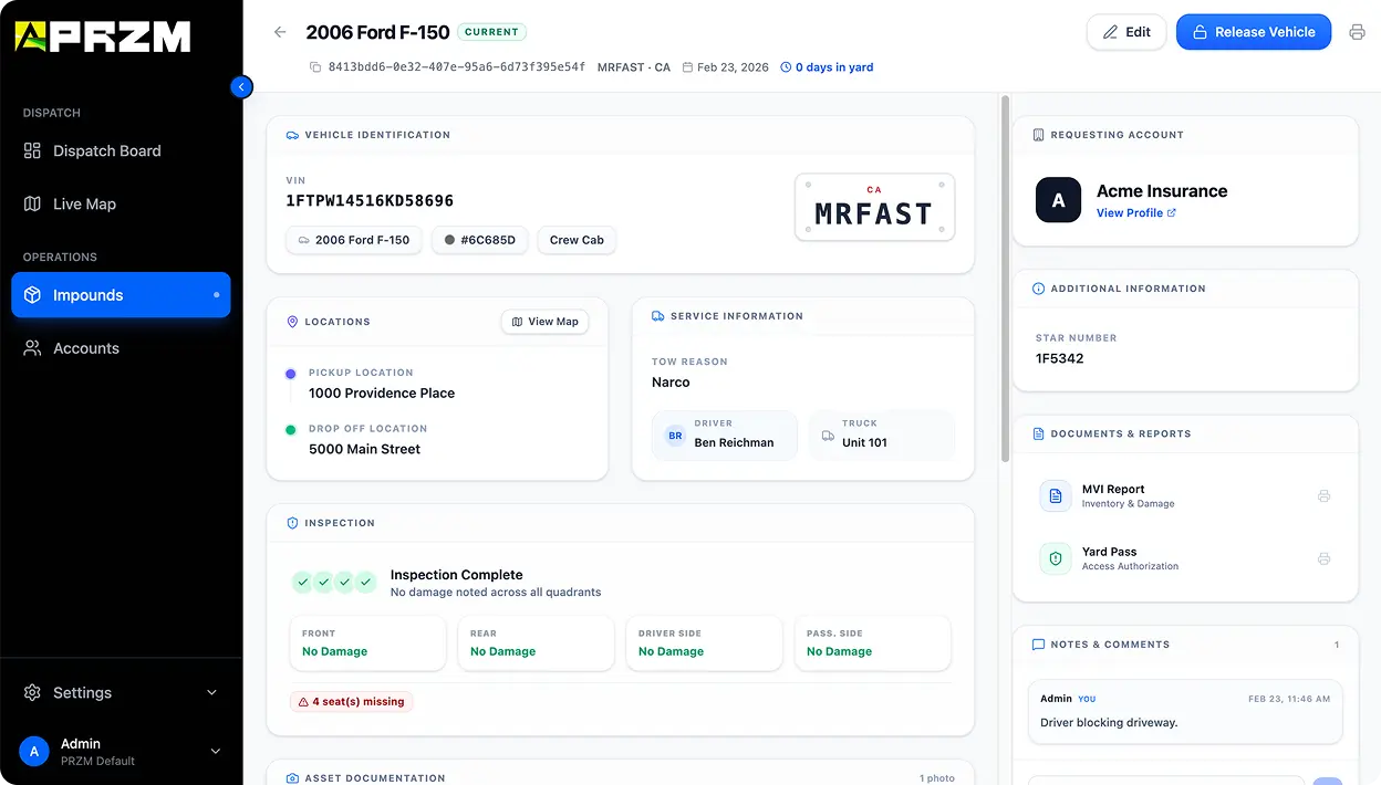 Dashboard interface for managing a 2006 Ford F-150 impound with vehicle details, pickup and drop-off locations, inspection status showing no damage, service information, insurance account, documents, and notes.