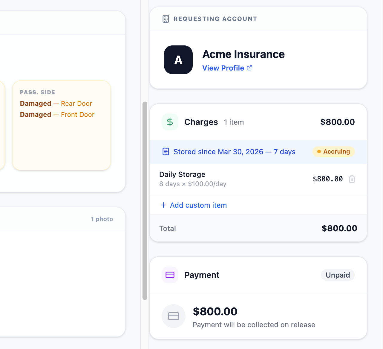Dashboard interface for managing pricing for impounded vehicles.