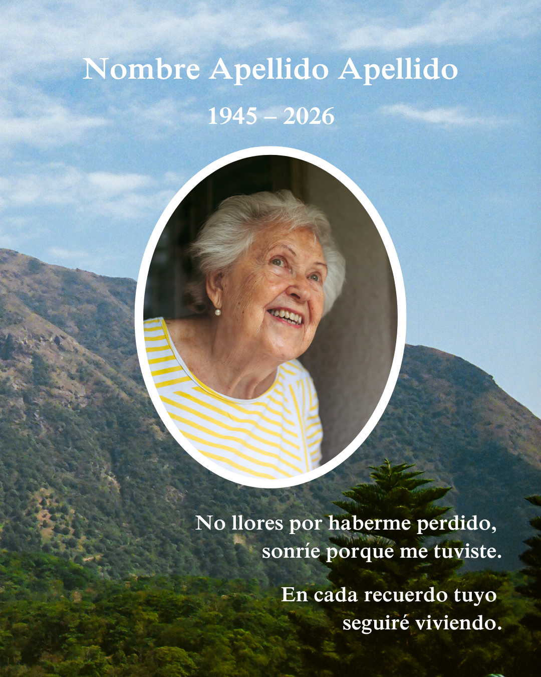 Ejemplo de recordatorio funerario digital con fotografía y frase de recuerdo