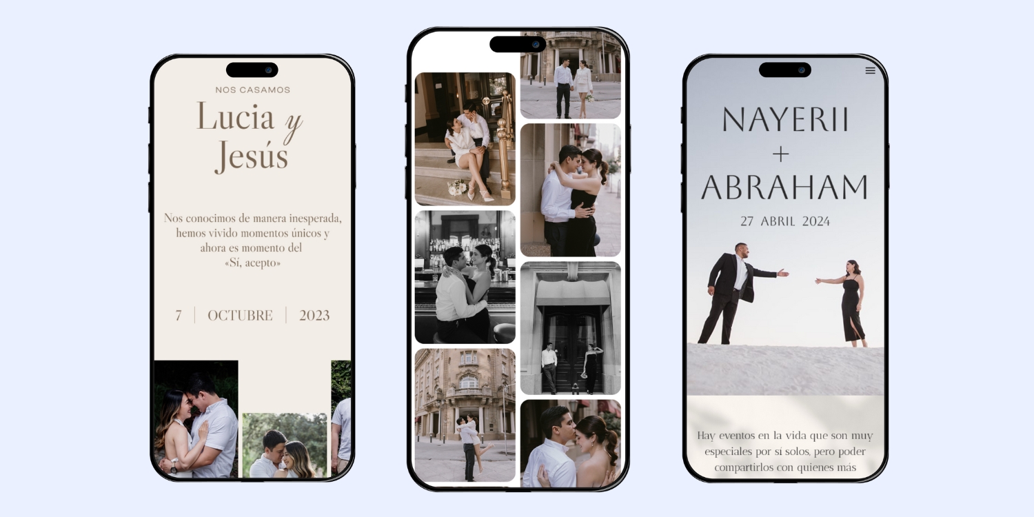 Montaje de invitaciones de boda de estilo clásico, moderno y contemporáneo, mostrando diferentes tipografías y diseños.