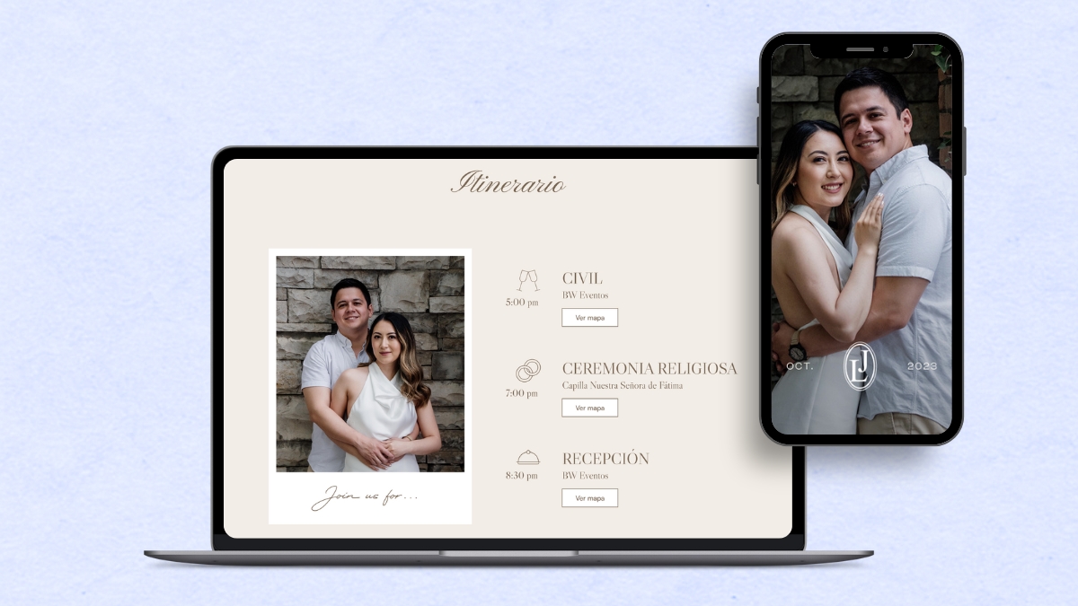 Diseño web de invitación de boda digital estilo clásico. Muestra el itinerario del día de la boda con la hora, la ubicación y los mapas para la ceremonia civil, religiosa y la recepción.