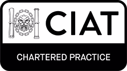 Black and white logo with a lion's head holding scrolls and the text CIAT Chartered Practice.