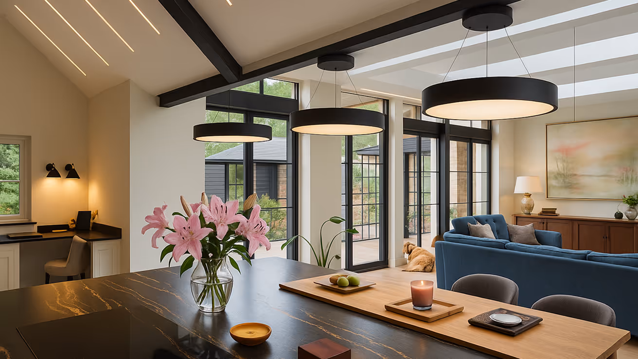 Modern living room with large windows, blue sofas, hanging circular lights, kitchen island with pink lilies, and a golden retriever near the door.