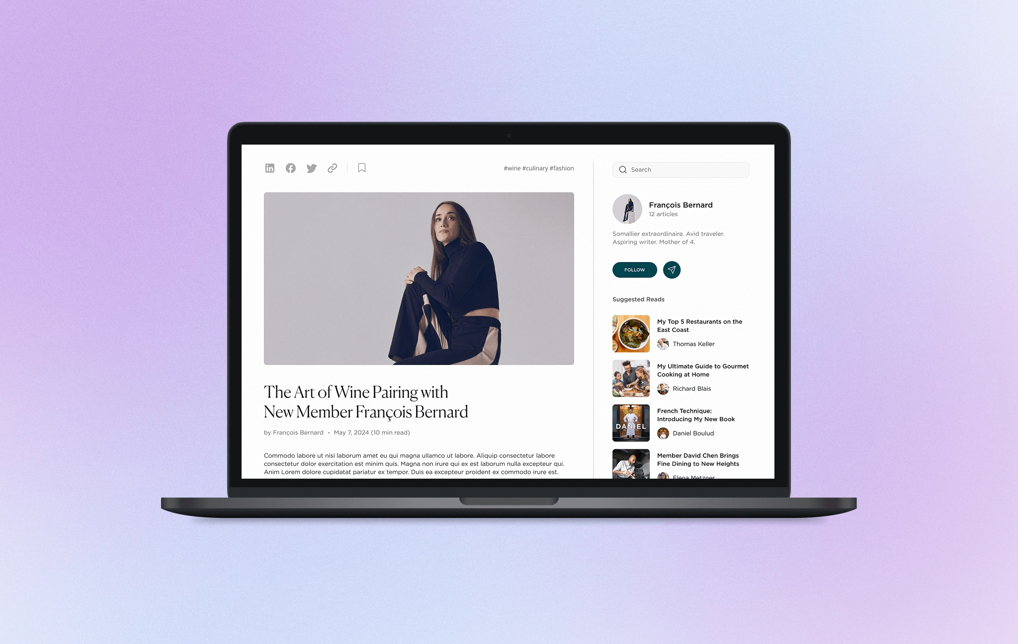 Community Feature — Editorial Content with suggested readings and connections (desktop screens)