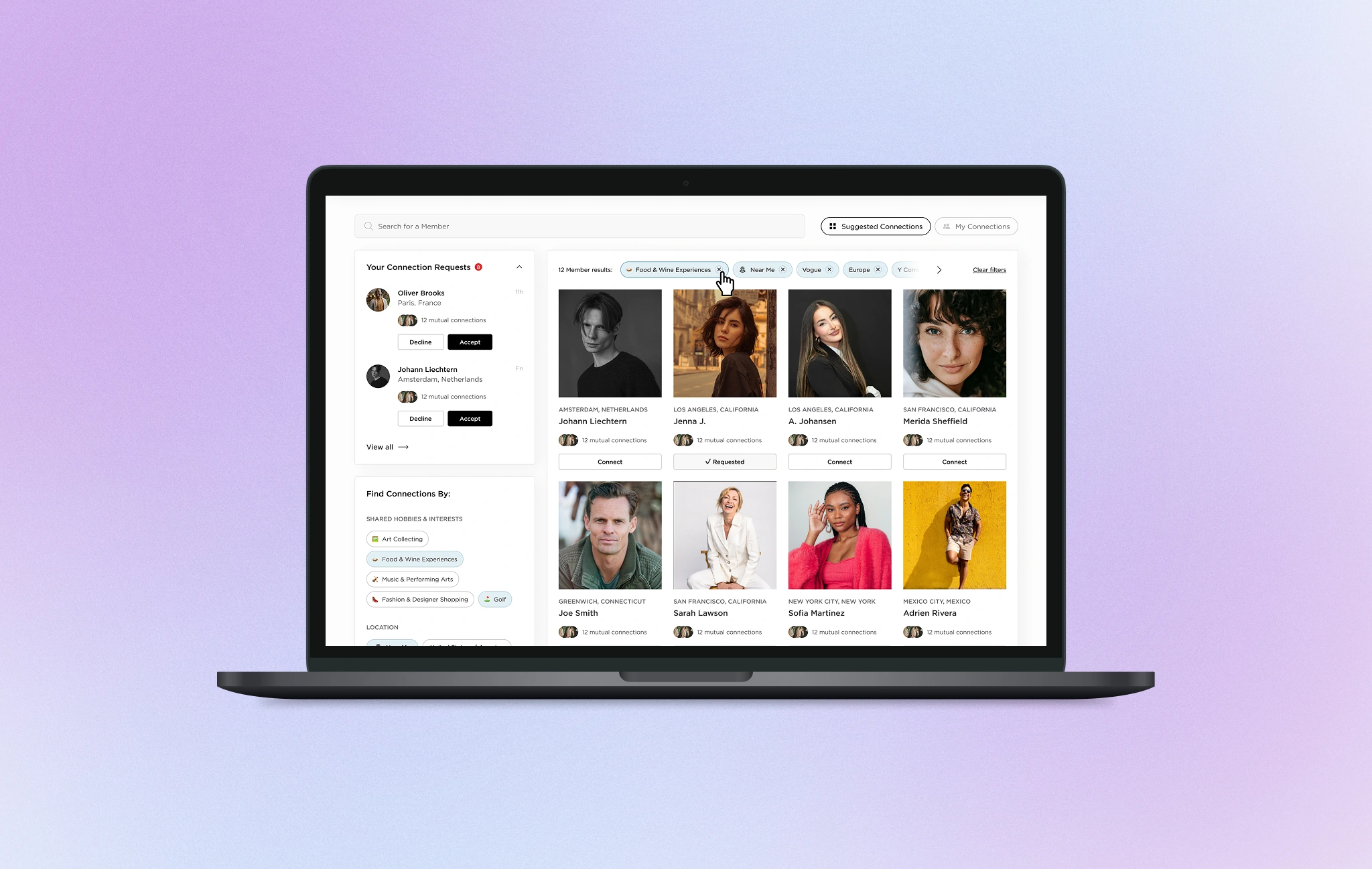 Community Feature — Member directory with advanced filtering and suggested connections (desktop screens)