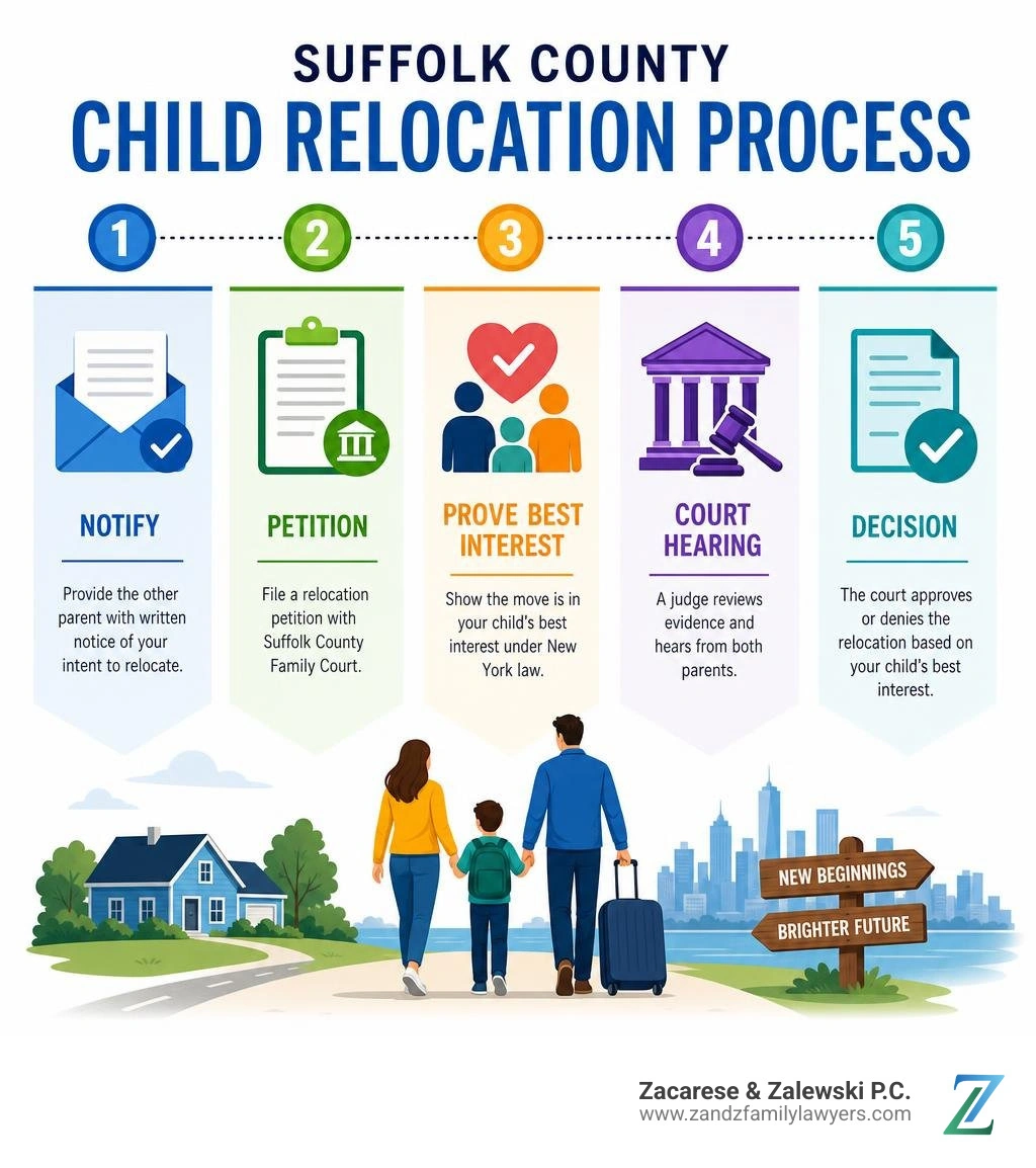 Infographic: Suffolk County child relocation process — notify, petition, prove best interest, court hearing, decision Infographic: Suffolk County child relocation process — notify, petition, prove best interest, court hearing, decision