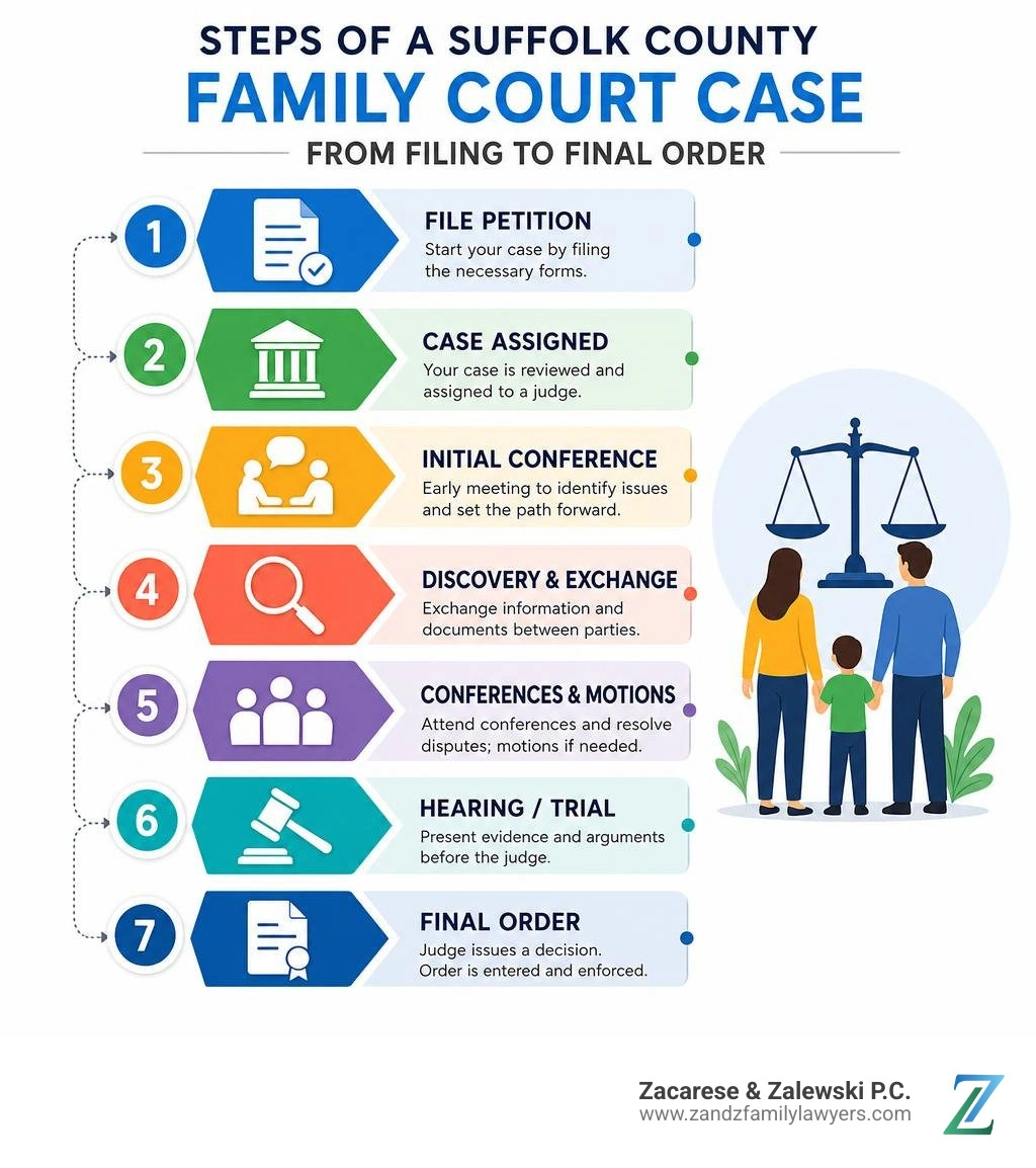 Steps of a Suffolk County Family Court case from filing to final order infographic infographic