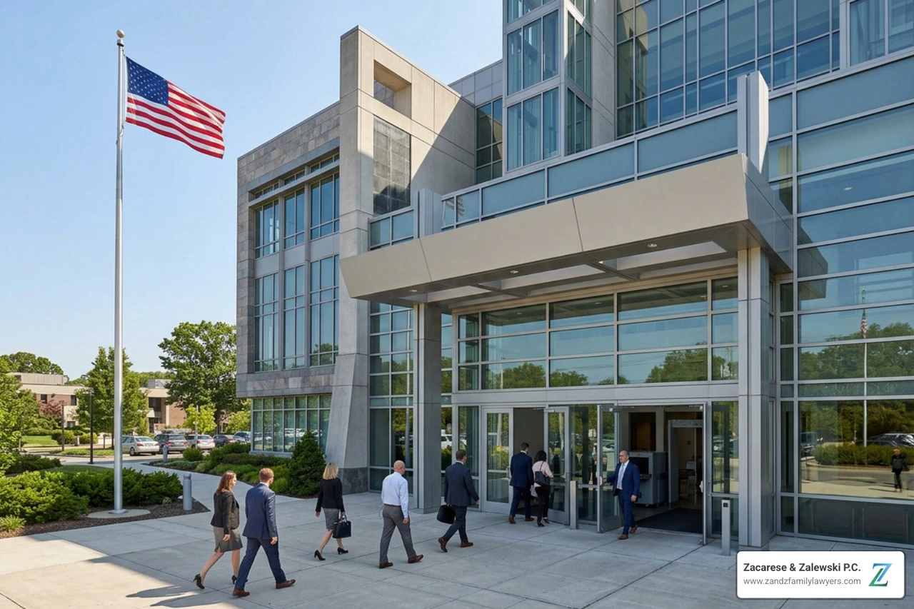 Entrance to the Central Islip Family Court John P. Cohalan Jr. Courthouse