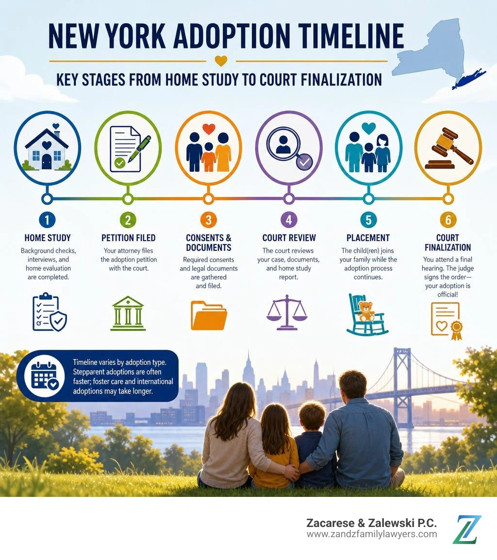 New York adoption timeline: key stages from home study to court finalization infographic New York adoption timeline: key stages from home study to court finalization infographic