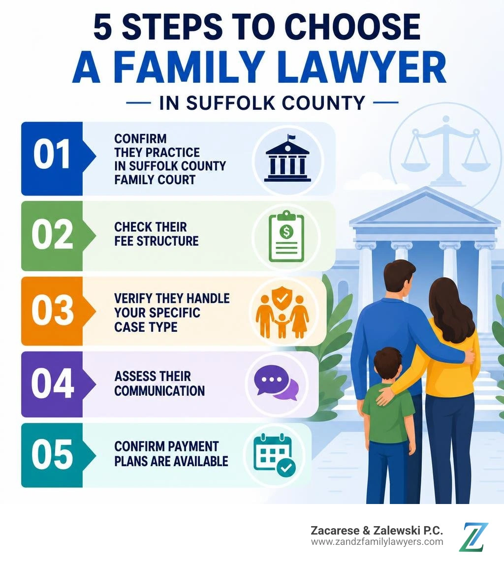 Steps to choose a family lawyer in Suffolk County: confirm court, check fees, verify case type, assess communication Steps to choose a family lawyer in Suffolk County: confirm court, check fees, verify case type, assess communication