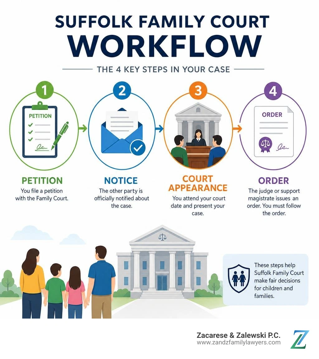 Suffolk Family Court workflow: petition, notice, court appearance, order infographic Suffolk Family Court workflow: petition, notice, court appearance, order infographic