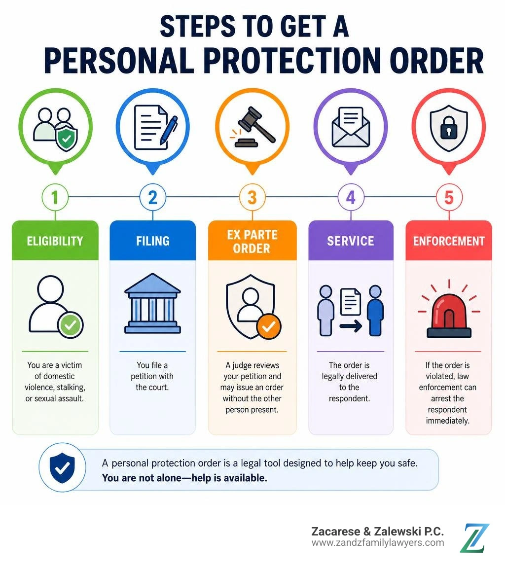 Steps to get a personal protection order: eligibility, filing, ex parte order, service, enforcement infographic Steps to get a personal protection order: eligibility, filing, ex parte order, service, enforcement infographic
