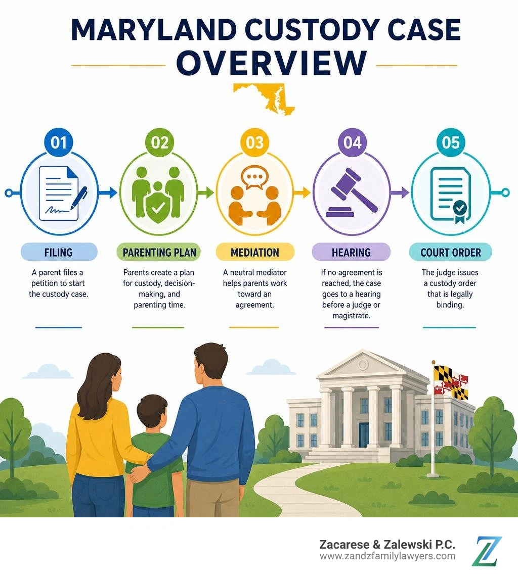 Maryland custody case overview: filing, parenting plan, mediation, hearing, and court order infographic Maryland custody case overview: filing, parenting plan, mediation, hearing, and court order infographic