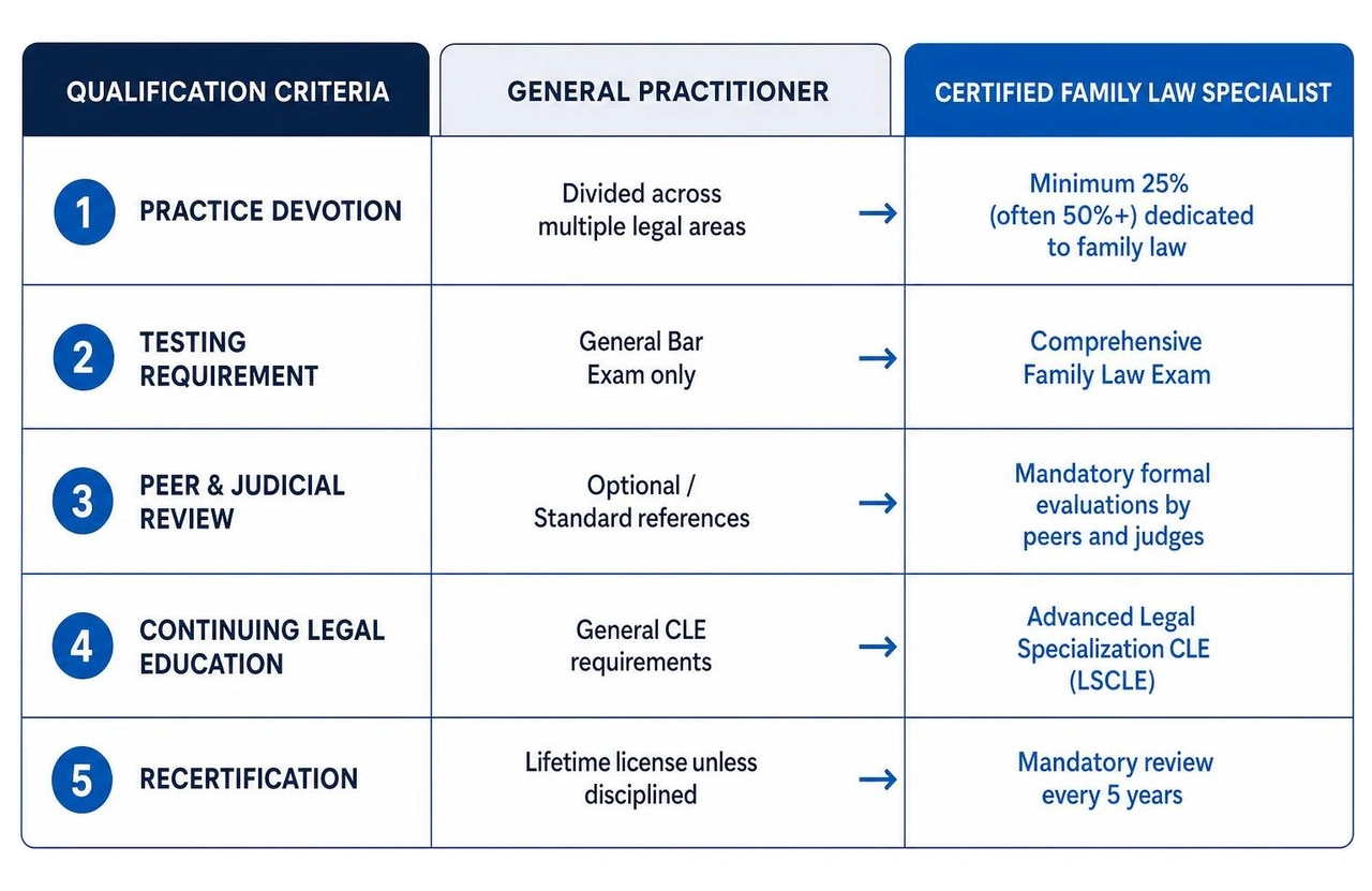 Comparison framework showing key differences between general practice lawyers and dedicated family law specialists Comparison framework showing key differences between general practice lawyers and dedicated family law specialists