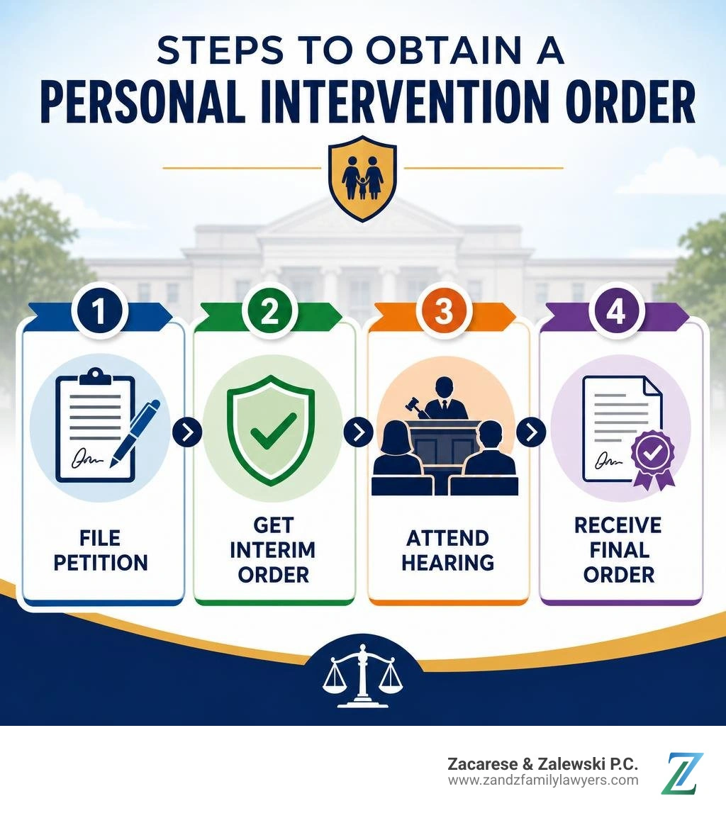 Steps to obtain a personal intervention order: file petition, get interim order, attend hearing, receive final order Steps to obtain a personal intervention order: file petition, get interim order, attend hearing, receive final order