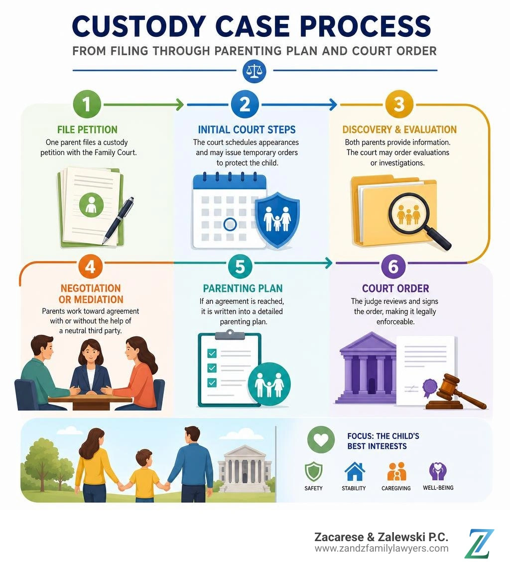 custody case process from filing through parenting plan and court order infographic custody case process from filing through parenting plan and court order infographic